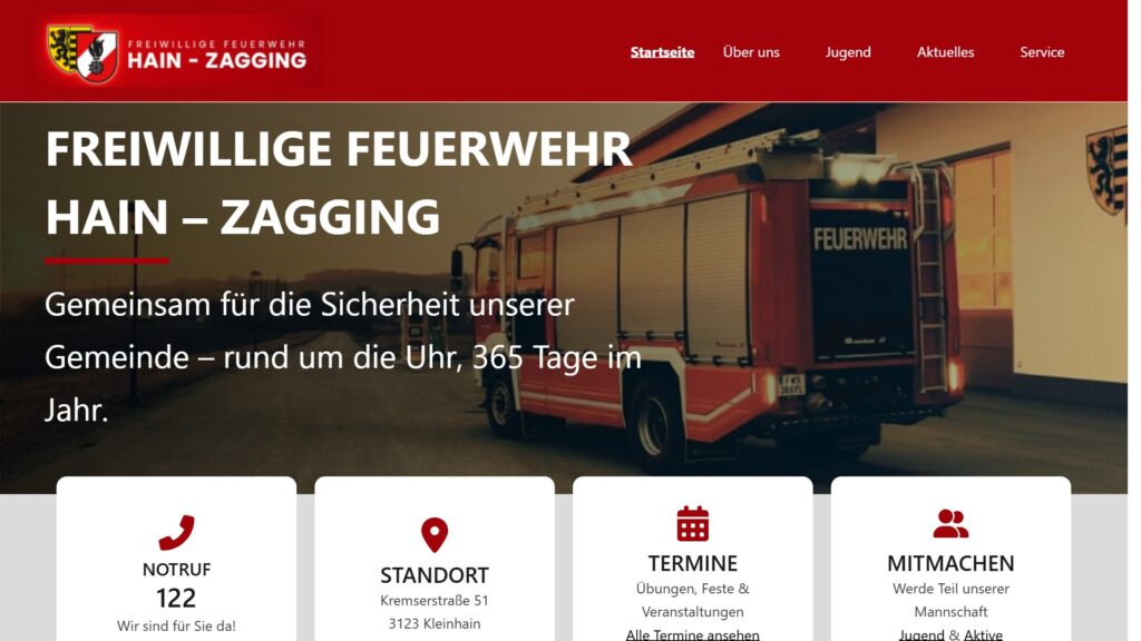 Startseite der neuen Homepage der FF Hain-Zagging